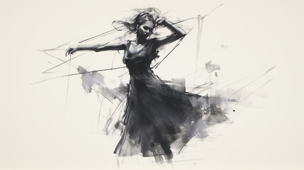 Black charcoal pencil drawing of a young active ballet dancing lady in white background with live performance 