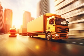 Wall Mural -  a yellow semi truck driving down a street in front of a red truck with a yellow trailer on the back of it and a red truck on the side of the road.