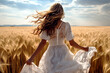 Young woman wearing white dress running in the golden wheat field. Portrait of caucasian woman run through golden wheat field during sunny day. Photo from back view. Generative AI