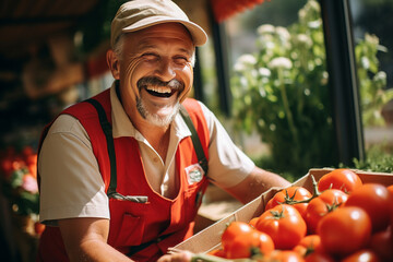 The farmer is smiling as he places his produce on the counter, preparing to sell locally grown organic vegetables.