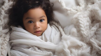 Cute baby in a cozy blanket photo, sleeping. stock photo