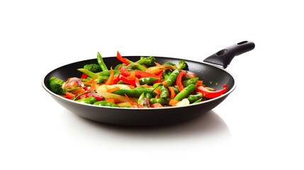 Wall Mural - Vegetables and a frying pan in closeup on a stark white background