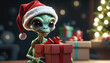 A little alien wearing a Santa hat is holding a large gift box, Generative Ai
