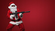 © Fxquadro - A man in a Santa Claus suit, wearing black sunglasses, poses with toy guns in hand against a red backdrop
