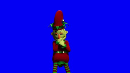 Wall Mural - puppet elf santa helper is doing a cheer I love you with a kiss in a blue chroma key background