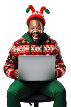 A Happy Man, Dressed In A Christmas Jumper, With A Laptop, Isolated. Png