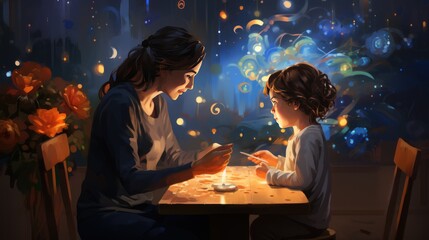 Mother and her son painting a picture in a room with colorful lights