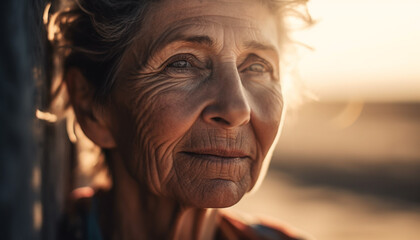 Sticker - Smiling senior woman looking at camera with confidence in nature generated by AI