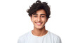 Indian teenage boy grinning alone against a stark white background