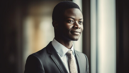 Poster - Confident African businessman in suit smiling, looking at camera outdoors generated by AI