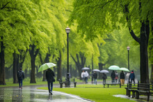 Scene That The Atmosphere Of Rainy Park, Where Umbrellas Dot The Landscape, People Seek Cover, And The Natural World Mingles With The Urbsetting
