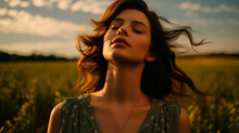 Mujer Meditando Ojos Cerrados - Respiración Calma Silencio - Pradera Naturaleza 