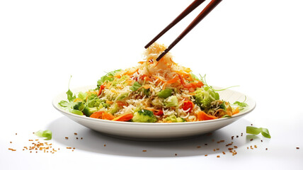 Sticker - rice pouring on delicious salad meal in plate isolated on pure white background