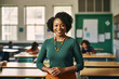 portrait of a smiling 30-year-old african american woman teacher in a modern bright classroom, generated ai