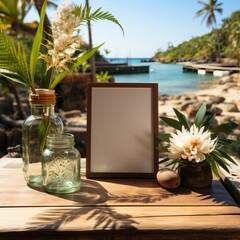 Canvas Print - a picture frame and two jars on a table