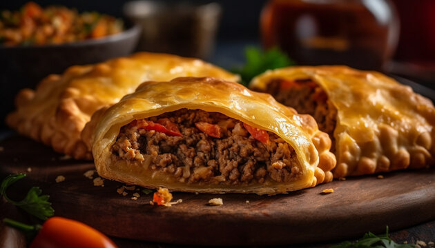 Homemade beef meat pie with fresh vegetables on rustic plate generated by AI