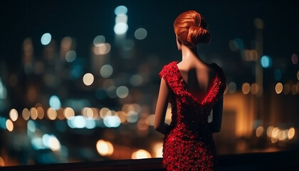 Canvas Print - Redhead beauty standing in shiny dress, defocused cityscape glowing generated by AI