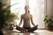 Healthy wellness Asian woman yoga breathing meditating in lotus position. Generative AI
