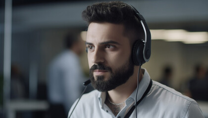 Poster - Confident young businessman listening to music with headphones indoors generated by AI