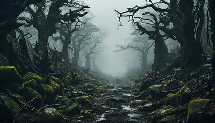 Sticker - Spooky forest mystery dark, foggy, wet, with mysterious creatures generated by AI