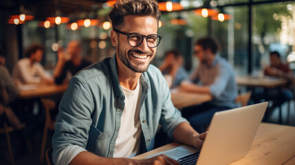 Aufkleber - Smiling web designer using laptop at vibrant co-working space.