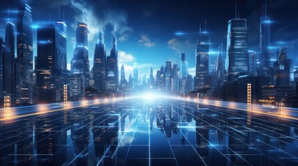 cityscape with space and neon light effect. Modern hi-tech, science, futuristic technology concept. Abstract digital high tech city design for banner background