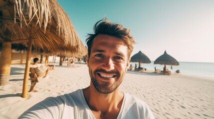 close-up shot of a good-looking male tourist. Enjoy free time outdoors near the sea on the beach. Looking at the camera while relaxing on a clear day Poses for travel selfies smiling happy tropical