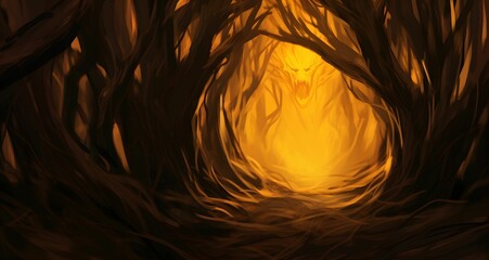 Poster - A winding path through a mysterious dark forest, illuminated by a few beams of light