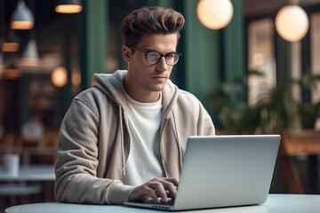 Fototapete - Young man using laptop, Student e-learning, Online purchasing, Technology concept.