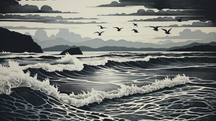 Wall Mural - An illustration of a stormy sea with birds flying over it, AI