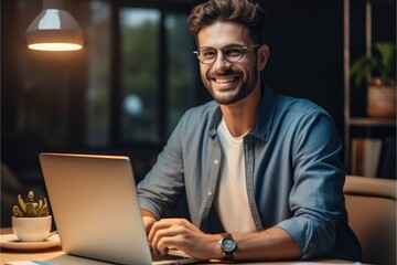 Fototapete - Young business man happily working at home with laptop and papers on desk.