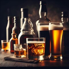 bourbon scotch lined up along with glasses of beer on a table