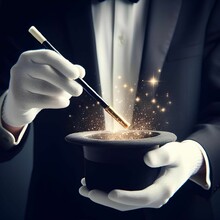 A Magician's Hands Are Seen With Magic Wand And Black Hat