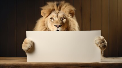 Portrait of a lion with blank banner. Copy-space.