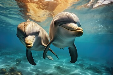 Dolphins swimming in the ocean. 3d rendering. Underwater world, dolphins swimming in the water, AI Generated