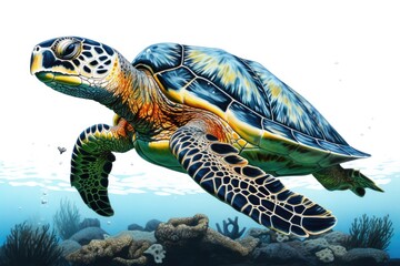 Wall Mural - Sea Turtle in the Red Sea. Illustration of a Green Sea Turtle, Hawksbill sea turtle, AI Generated