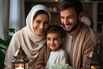 Wall Mural - Happy middle eastern family with kid in living room.