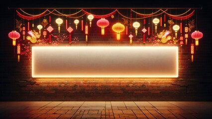 Wall Mural - Chinese festival decoration background Brick wall with neon lights, Chinese decor theme Complete with hanging Chinese lanterns and festive decorations.