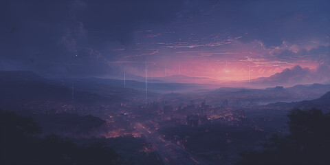 Canvas Print -  a purple sun setting over an alien fantasy scene