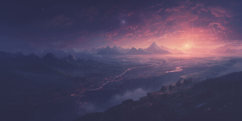 Canvas Print -  a purple sun setting over an alien fantasy scene
