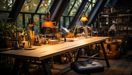 Poster - Modern office design with wood table and steel equipment generated by AI