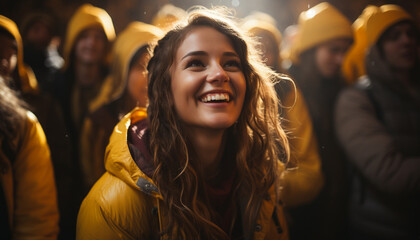 Wall Mural - Young adults enjoying a carefree night out, smiling and laughing generated by AI