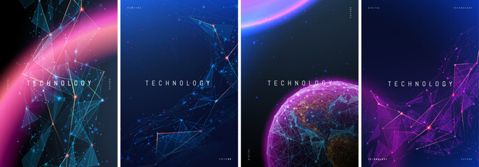 Poster - Abstract technology posters. Science future innovation concept. Space shapes and planets in blue-purple. Futuristic abstract backgrounds for book cover design. Digital low-poly fiction flyer template.