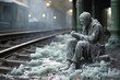 Zombie Statue of Contemplation Amidst a Ruined Railway Generative AI