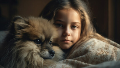 Poster - Cute purebred dog looking at camera with cheerful young girl generated by AI