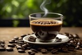 Close-up shot of A cup of coffee, surrounded by scattered coffee beans on a dark wooden surface. Professional contrast lighting.