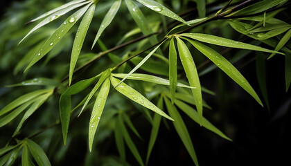 Poster - Vibrant green bamboo shoot, dew drop, tranquil tropical forest scene generated by AI