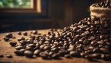 Close-up shot of A cup of coffee, surrounded by scattered coffee beans on a dark wooden surface. Professional contrast lighting.