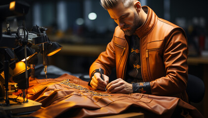 Poster - Young adult male tailor working indoors, concentrating on sewing leather generated by AI