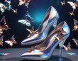 butterflies fly around pair womens shoes in a futuristic style